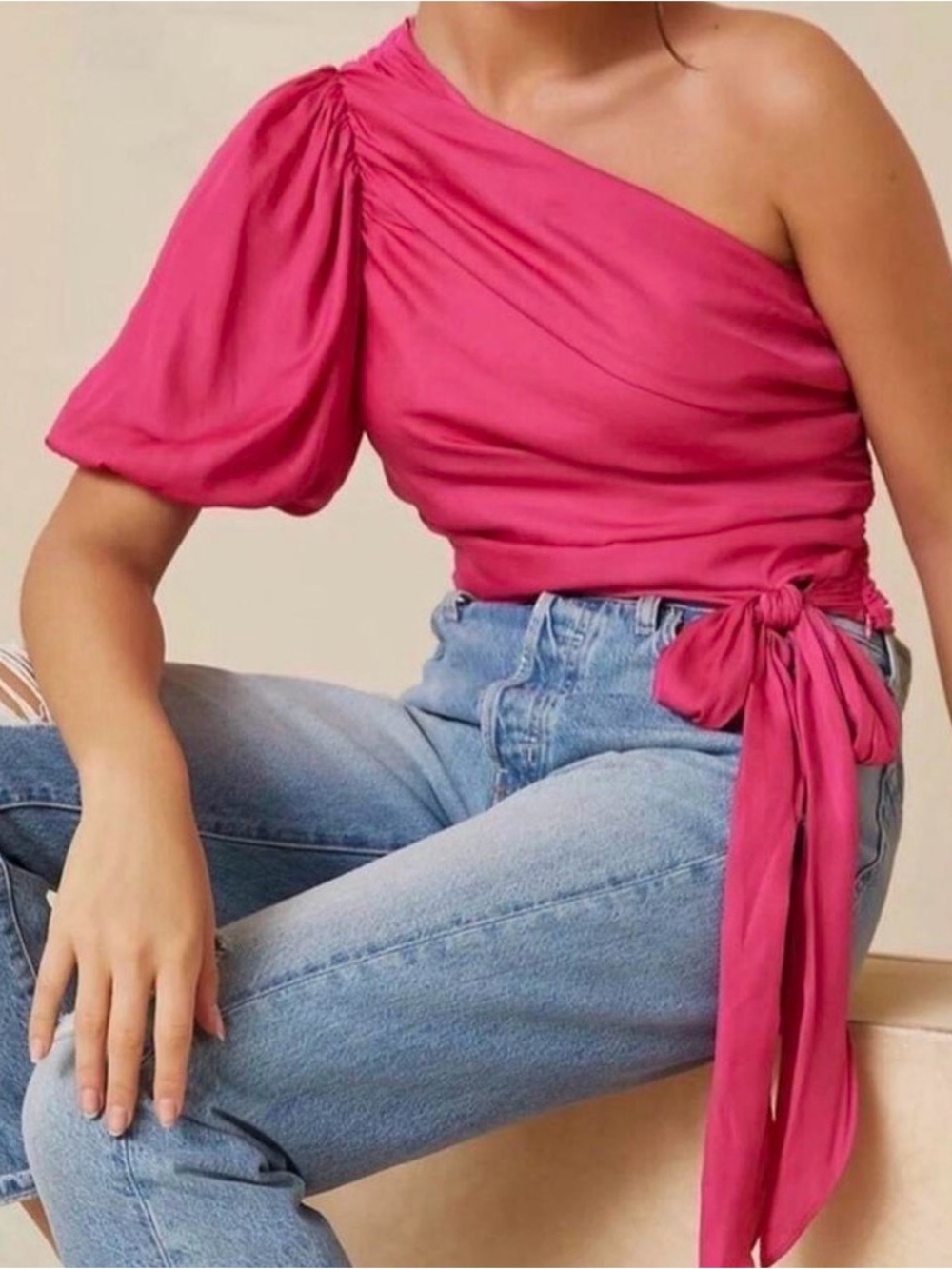 dolan One-Shoulder Puff-Sleeve Wrap Top in Fuchsia